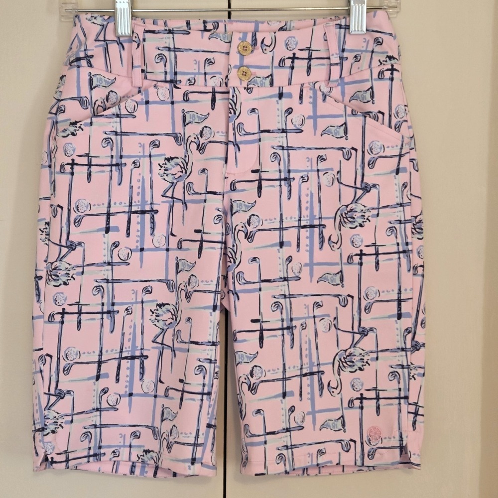 Lilly Pulitzer Pink FAIRWAY GOLF SHORTS Luxletic Talk Birdie To Me Flamingos